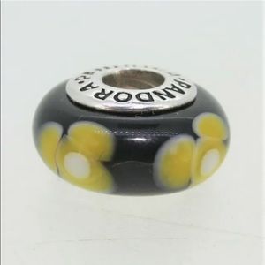 Authentic Pandora Retired Murano Black Glass Bead with Yellow Flowers